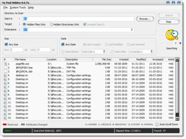list hidden files linux date changed