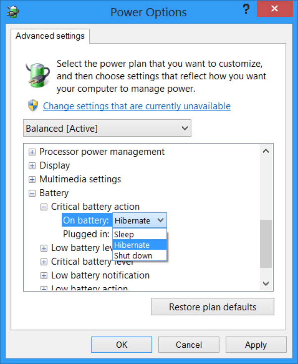 Change Critical Level  Low Level Battery Action in Windows 10