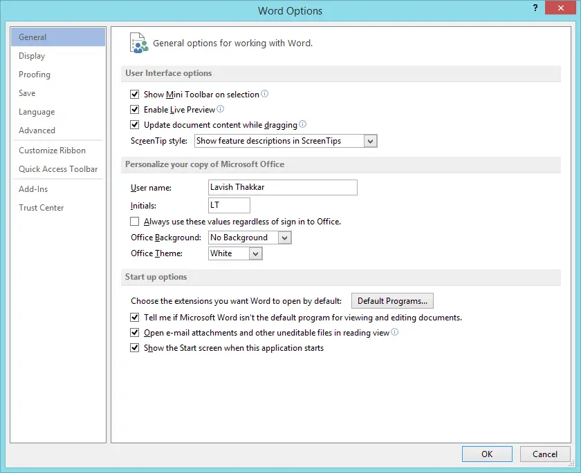 Display word. Office 2013 options. Microsoft Office Word UI. Display a Word. Word options dialog Box.