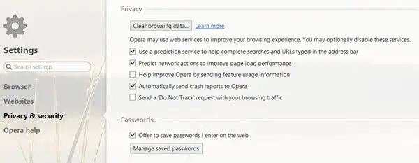 manage saved passwords in Opera