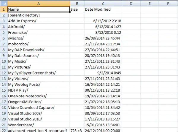 How to get a list of files in a folder into Excel