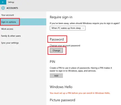 Change Password, PIN, Picture Password Sign in options in Windows 11/10