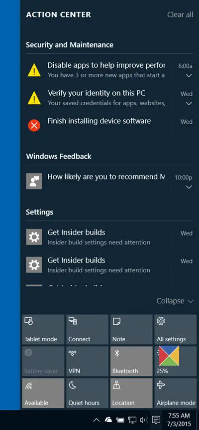 Notiications Actions Center in Windows 10