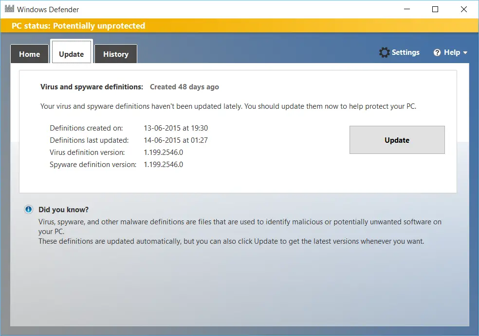 Malware Definitions age 5 Days.