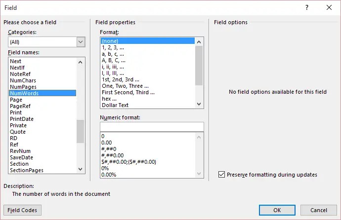 insert word count in Microsoft Word document