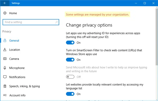 Some settings are managed by your organization