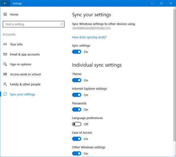 sync settings in windows 10