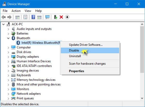 how to disable bluetooth windows 10