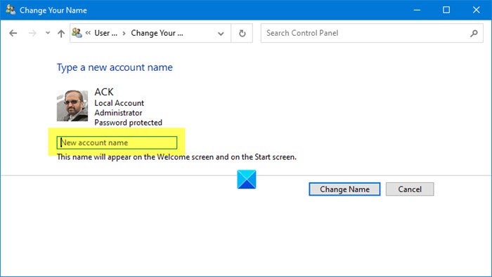 windows 10 change account name without microsoft account