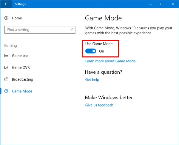 enable and use Game Mode in Windows 10