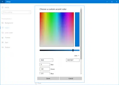 Select custom color for Start Menu, Taskbar, Title Bar, Action Center ...