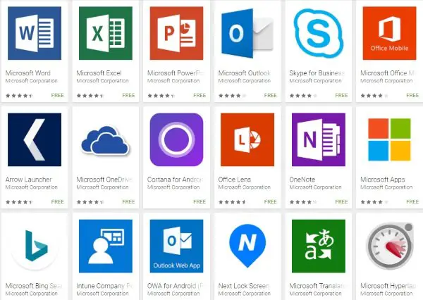 List of Microsoft Apps available for Android