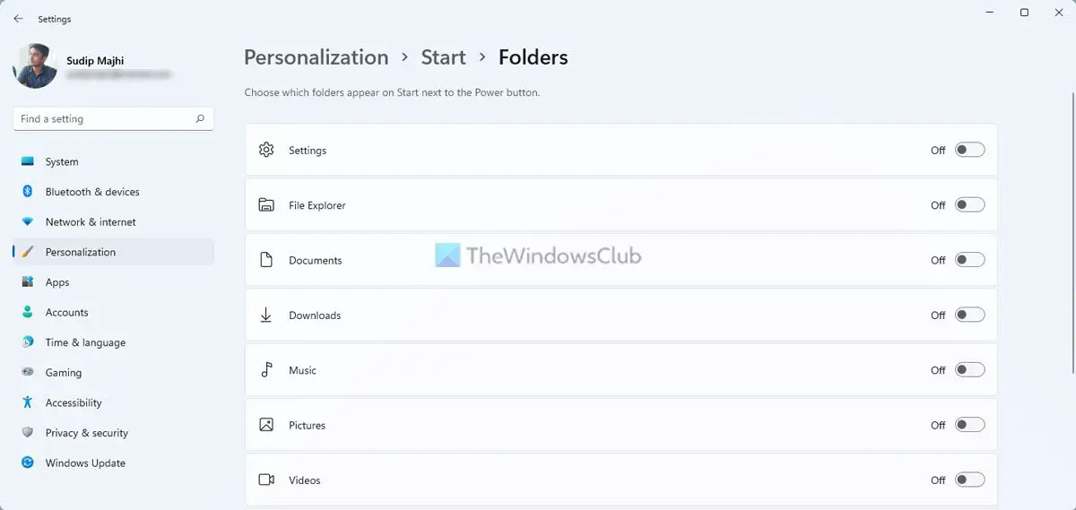 Choose which folders appear on Start Menu in Windows 11