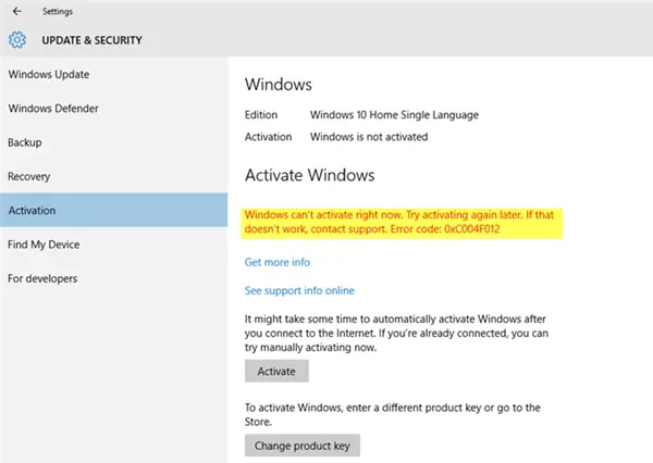 Erreur D'Activation De Windows 10 0Xc004F012