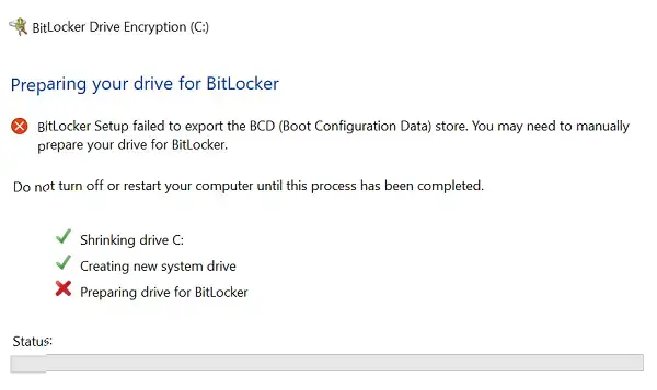 BitLocker Setup failed to export the BCD (Boot Configuration Data) store