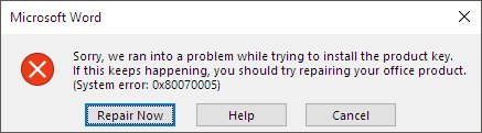 Microsoft Office Product Key installation error 0x80070005
