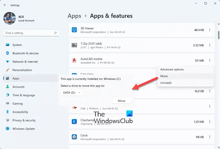 How to move installed Apps to another Drive in Windows 11/10