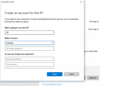 Remove Security Questions when setting up Local Account in Windows