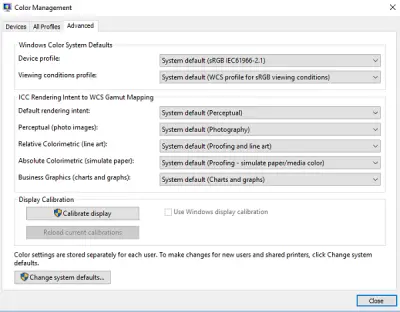 How to restore default Display Color settings in Windows 11/10