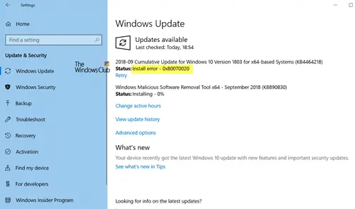 Windows Update-Installationsfehler 0X80070020