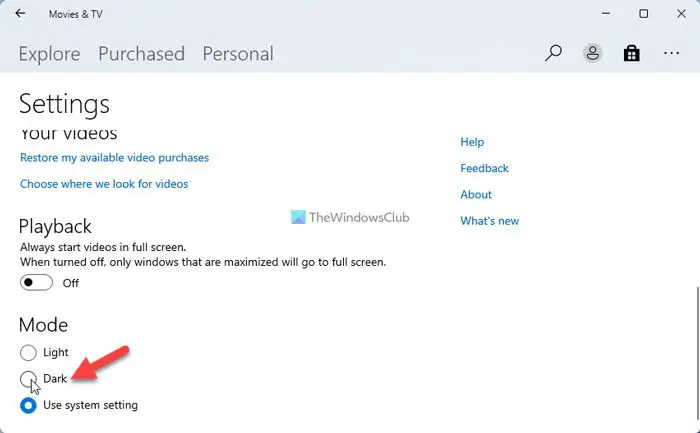Enable Dark Mode in Movies & TV App in Windows 11/10