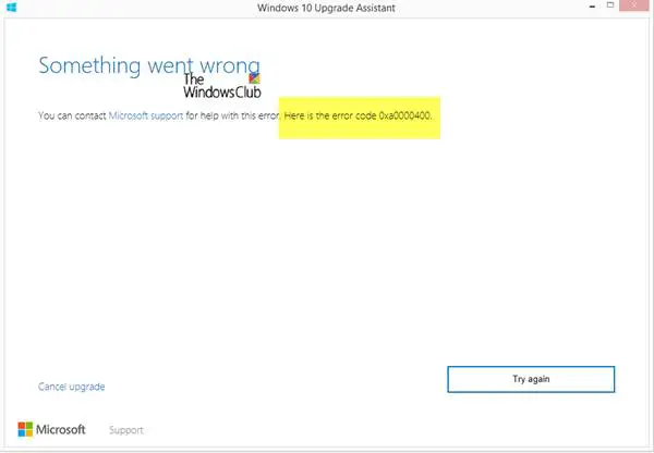 Windows 10 Upgrade error 0xa0000400