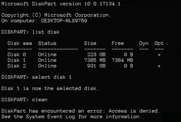 DiskPart has encountered an error: Access is denied