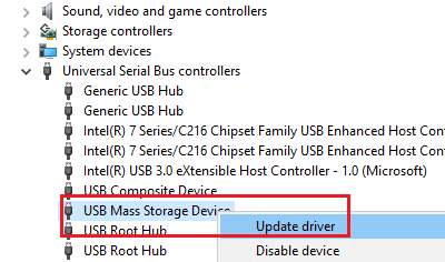 USB Mass Storage Device driver not showing or working