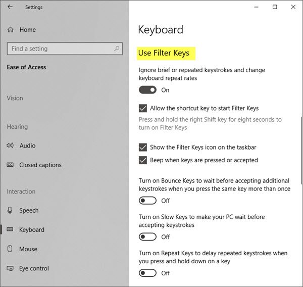 filtr keys windows 10