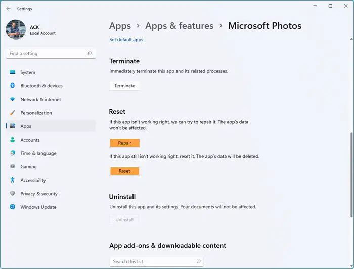 Réinitialiser L'Application Photos Windows 11