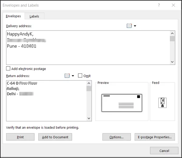 how to print an envelope in word on a specific pot