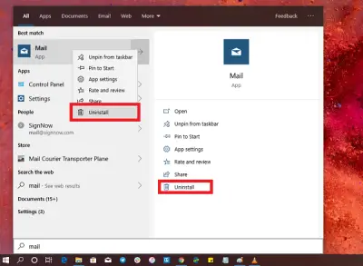 how to uninstall mail app on windows 10
