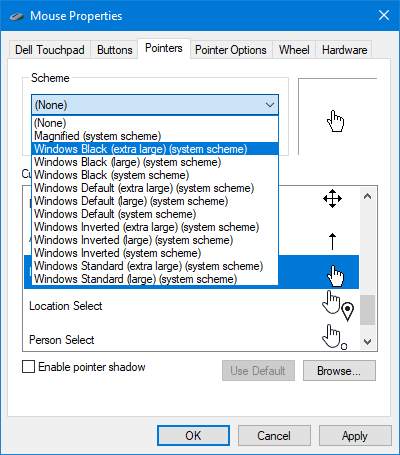 how to change cursor color windoes 10