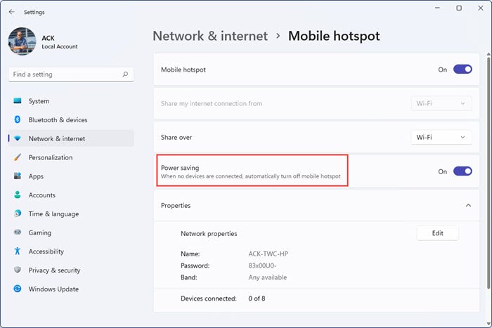 Stop Mobile Hotspot from turning off in Windows 11