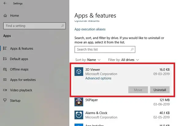 uninstall 3D Viewer App in Windows 10 from Settings