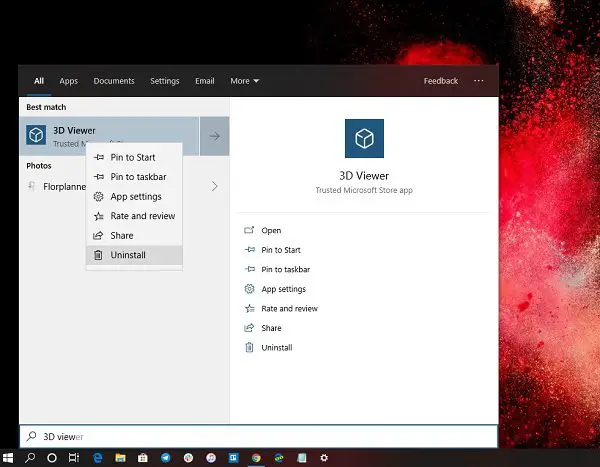 uninstall 3D Viewer App in Windows 10 from Start menu