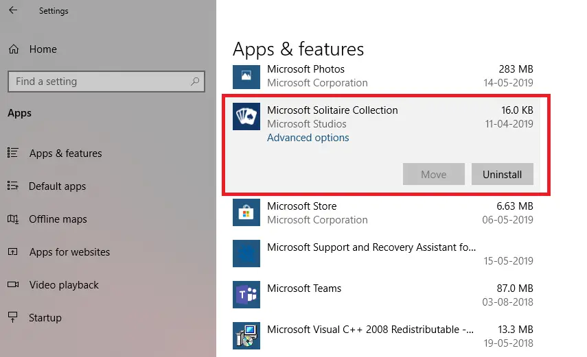 uninstall Microsoft Solitaire Collection via Settings