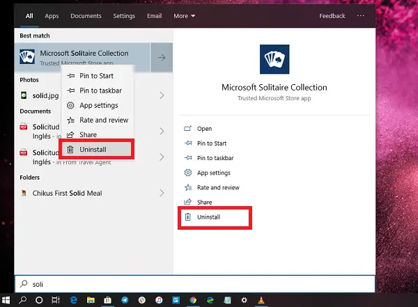 uninstall Microsoft Solitaire Collection via Start Menu