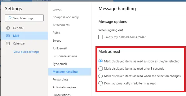 keep messages unread outlook 2016