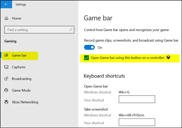 Enable Open Xbox Game Bar using Game Controller on PC