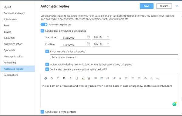 automatic replies outlook app