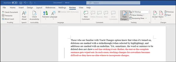 track changes in word for mac with strikethrough