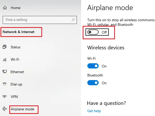 turn off airplane mode windows 7