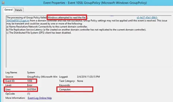 Processing of Group Policy failed Event ID 1058