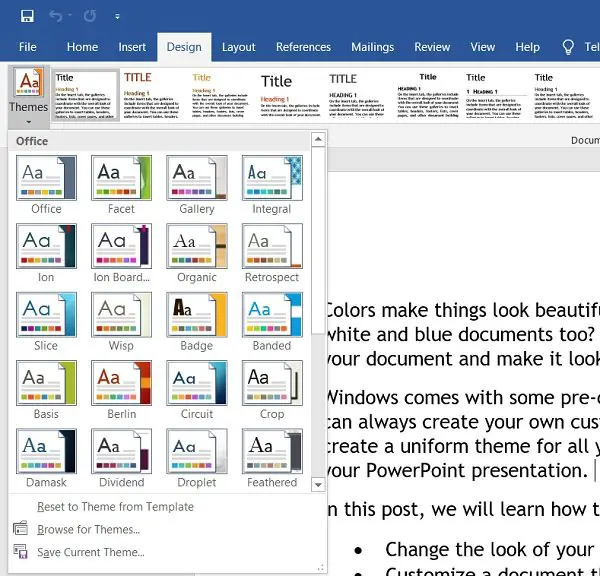 Change document theme colors in Word or Excel