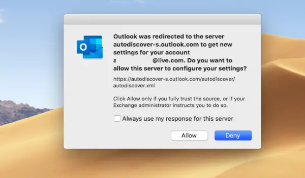 outlook for mac 2016 redirected auto server settings