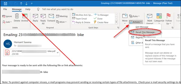 how to recall an email in office 365 outlook 2016