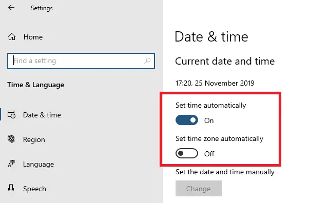 Set Time and Zone to update automatically