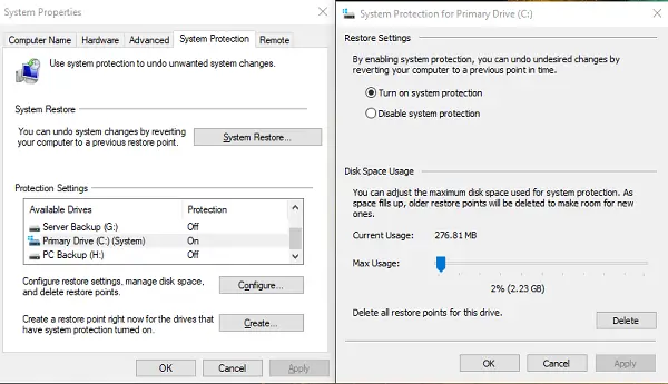 Configure System Restore in Windows 10