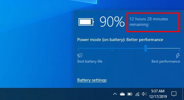 windows 10 battery time remaining